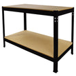 Sturdy black metal workbench with a smooth, light wood top and a lower shelf, ideal for workshops and garages, measuring 100cm