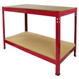 Sturdy Q-RAX red workbench with a smooth MDF top, featuring a lower shelf for storage and robust metal frame for durability