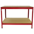 Sturdy red workbench with a smooth wooden top and lower shelf, featuring a robust metal frame for durability and stability