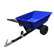 Durable blue plastic ATV trailer with a sturdy black frame, large rubber tires, and a hitch for easy towing on rough terrain
