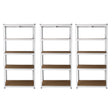 Three white metal racking units with multiple shelves, featuring a sleek design and sturdy construction, ideal for storage solutions