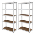 Two white metal racking units, each 90 x 40 x 180 cm, featuring five sturdy shelves with a smooth brown surface for storage