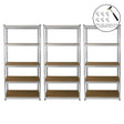 Galvanised racking system featuring three sturdy shelves with a metallic finish, complemented by wooden shelves and assembly tools included