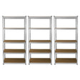 Three galvanized racking units with sturdy metal frames and wooden shelves, ideal for organizing storage spaces and maximizing space efficiency