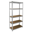 Galvanised racking unit with five sturdy shelves, featuring a sleek silver metal frame and brown particleboard surfaces, ideal for storage