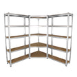 Corner shelving unit with two garage racking bays, featuring sturdy metal frames and wooden shelves in a sleek silver finish