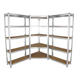 Corner shelving unit with two garage racking bays, featuring sturdy metal frames and wooden shelves in a sleek silver finish