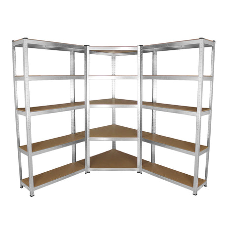 Corner shelving unit with two garage racking bays, featuring sturdy metal frames and wooden shelves in a sleek silver finish