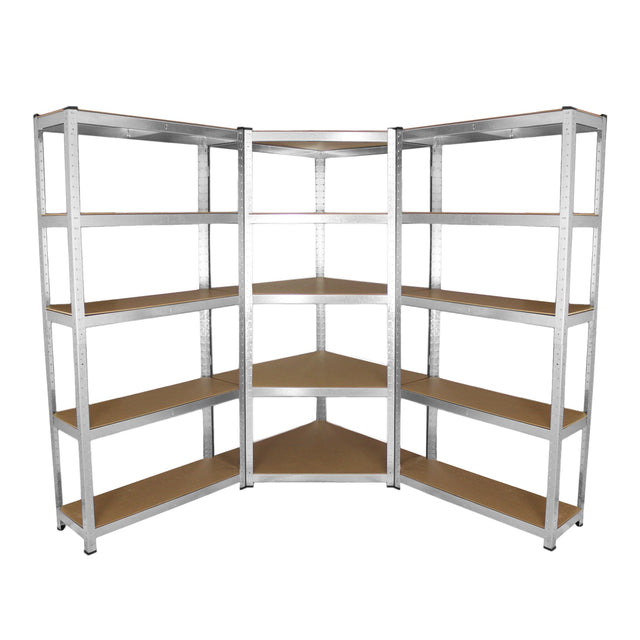 Corner shelving unit with two garage racking bays, featuring sturdy metal frames and wooden shelves in a sleek silver finish