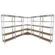 Corner shelving unit with four garage racking bays, featuring sturdy metal frames and wooden shelves, ideal for storage solutions