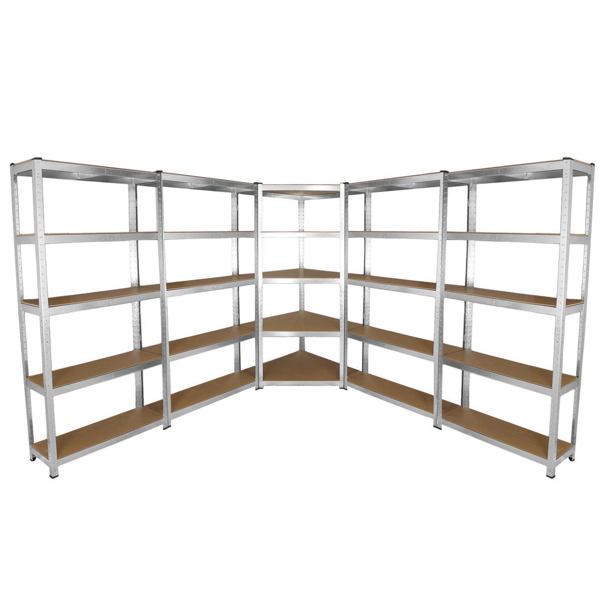 Corner shelving unit with four garage racking bays, featuring sturdy metal frames and wooden shelves, ideal for storage solutions