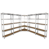 Corner shelving unit with four garage racking bays, featuring sturdy metal frames and wooden shelves, ideal for storage solutions