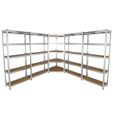 Corner shelving unit with four garage racking bays, featuring sturdy metal frames and wooden shelves, ideal for storage solutions