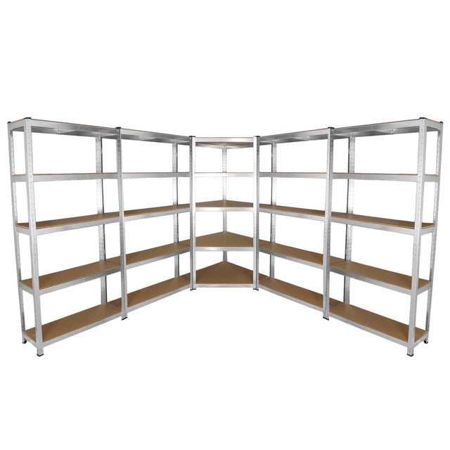 Corner shelving unit with four garage racking bays, featuring sturdy metal frames and wooden shelves, ideal for storage solutions