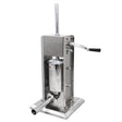 Stainless steel 3 litre sausage stuffer with a sturdy base, vertical cylinder, and crank handle for easy operation