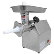 Stainless steel KuKoo commercial meat grinder with a large feeding tray, white plastic auger, and easy-to-use control knob