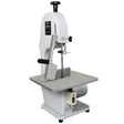 Kukoo commercial bone saw bandsaw features a sturdy white frame, a large gray cutting table, and a precision blade for efficient meat processing