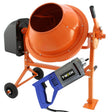 Bright orange cement mixer with a sturdy metal frame and a handheld concrete vibrator featuring a blue and gray design, ideal for construction projects