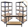Three black metal racking units with wooden shelves and a sturdy workbench, ideal for storage and organization in any workspace