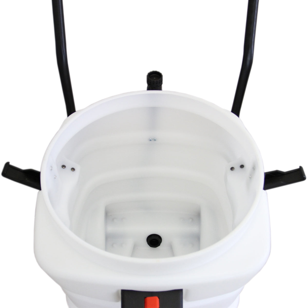 White 90L industrial vacuum with a smooth, durable plastic interior, featuring a central drain hole and sturdy black handles for easy transport