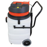 90L Maxblast industrial vacuum features a sturdy white body, orange lid, black handle, and wheels for easy mobility, designed for wet and dry use