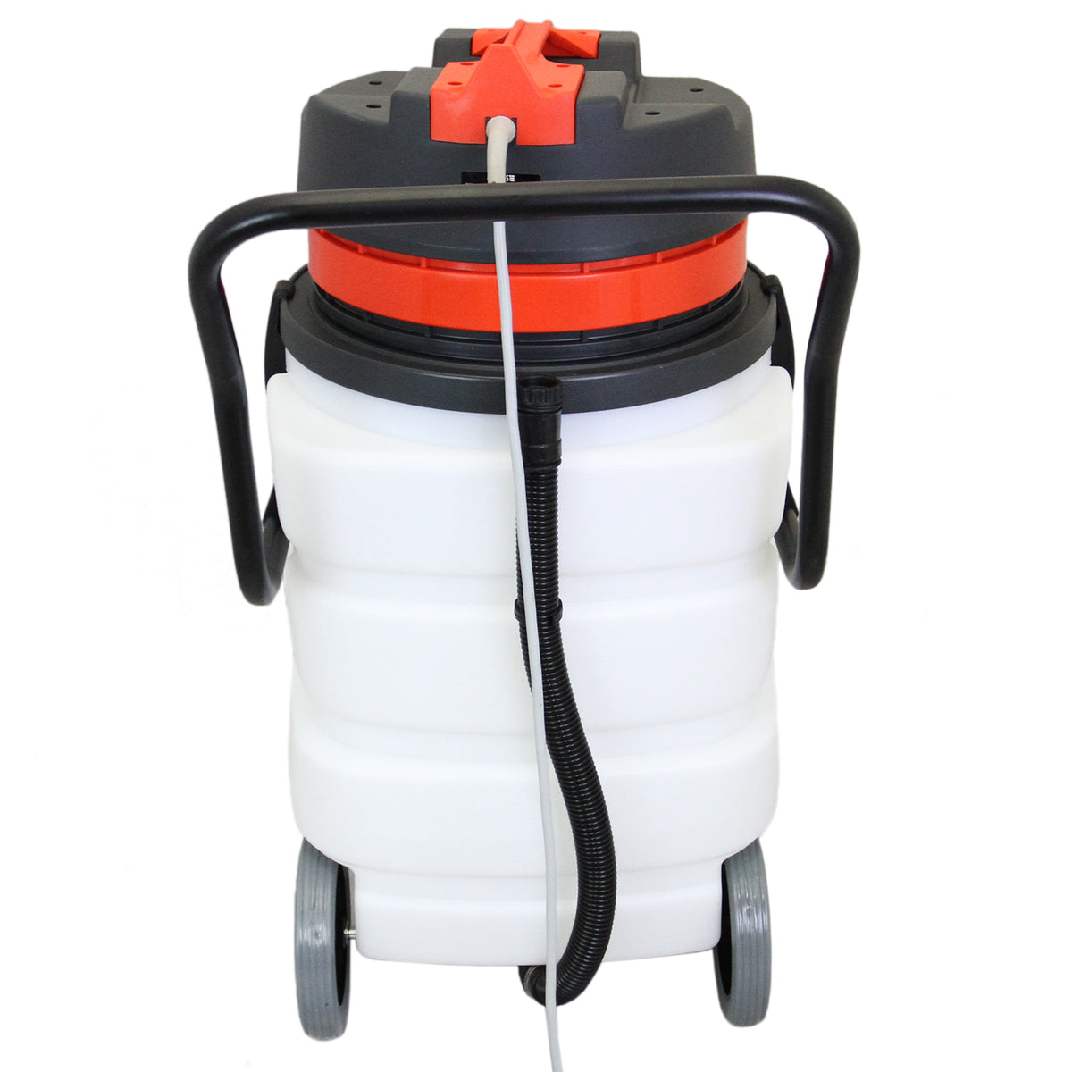 90L Maxblast industrial vacuum with a sturdy black and orange design, featuring a large white canister and durable wheels for mobility