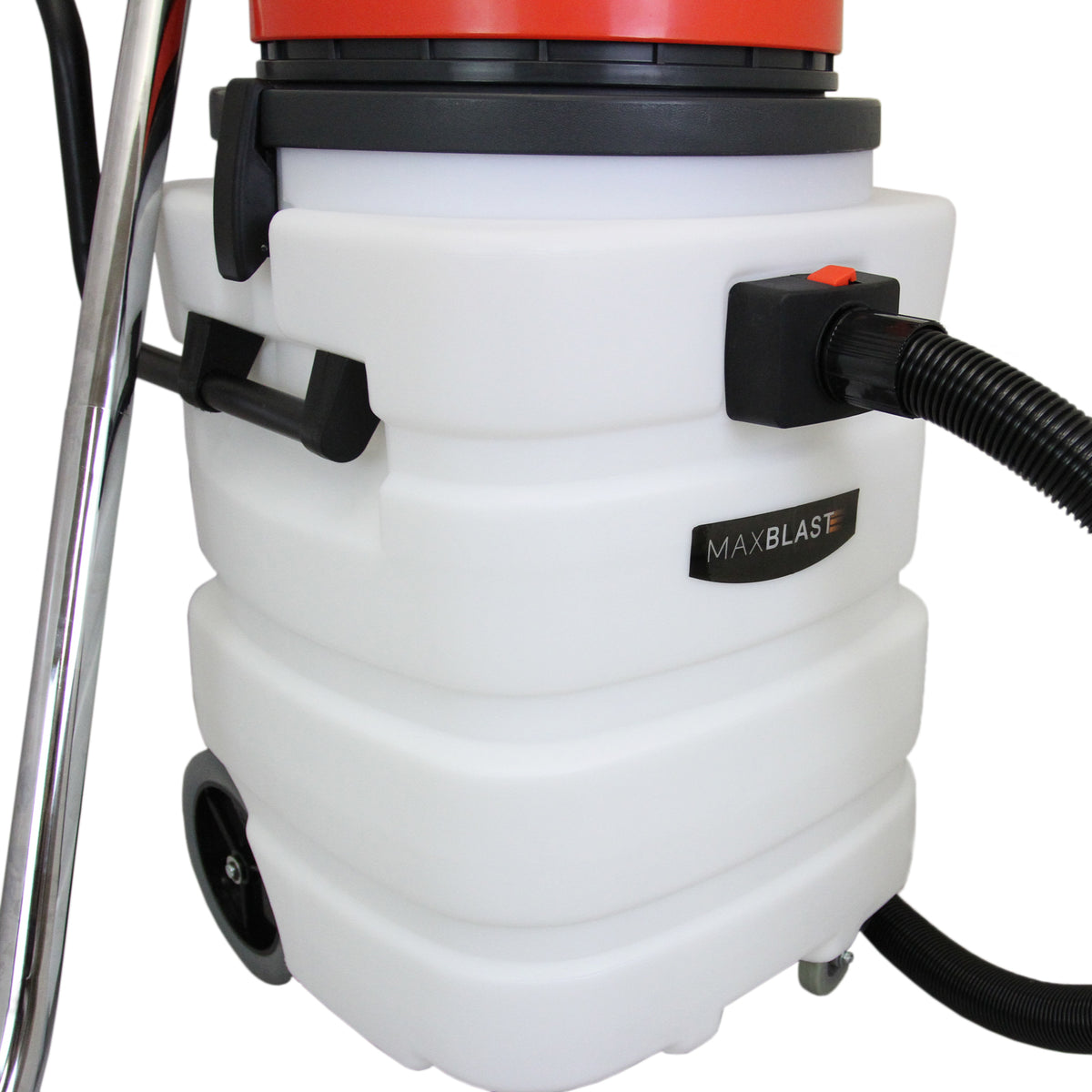 90L Maxblast industrial vacuum features a sturdy white plastic body, red accents, and a flexible black hose for wet and dry cleaning
