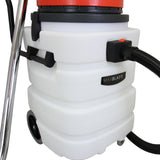 90L Maxblast industrial vacuum features a sturdy white plastic body, red accents, and a flexible black hose for wet and dry cleaning