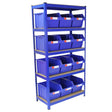 Blue 90cm shelving unit with 12 storage quick pick bins, featuring a sturdy metal frame and smooth wooden shelves for organization