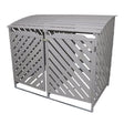 Grey wash wooden double wheelie bin storage with slatted design, featuring a curved roof and two front doors for easy access