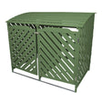 Sage green double wheelie bin storage with a slatted design, featuring a curved roof and two front doors for easy access