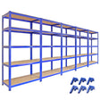 Five blue T-Rax racking connectors displayed with a sturdy metal shelving unit featuring multiple wooden shelves and a sleek design