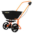 T-Mech rotary spreader with a black plastic hopper, orange metal frame, and sturdy wheels for even distribution of seeds or fertilizer