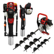 Powerful earth auger and 4-stroke post driver in red and black, featuring multiple drill bits for versatile ground digging and installation