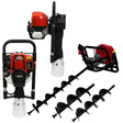 T-Mech Earth Auger with a red and black 4-stroke engine, featuring a sturdy frame and multiple black auger drill bits for versatile digging