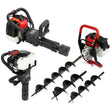 T-Mech Earth Auger and 2-Stroke Post Driver with black and red accents, featuring multiple drill bits for various soil types