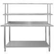 Stainless steel 6ft catering bench with double over-shelf, featuring a smooth surface, sturdy legs, and ample storage space