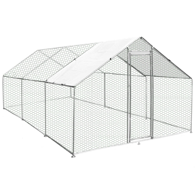 Spacious 4m x 6m x 2m chicken run with a sturdy metal frame, hexagonal wire mesh, and a weather-resistant roof for outdoor use