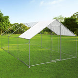 Spacious chicken run measuring 4m x 6m x 2m, featuring a sturdy metal frame, white waterproof cover, and hexagonal wire mesh, set in a lush green field