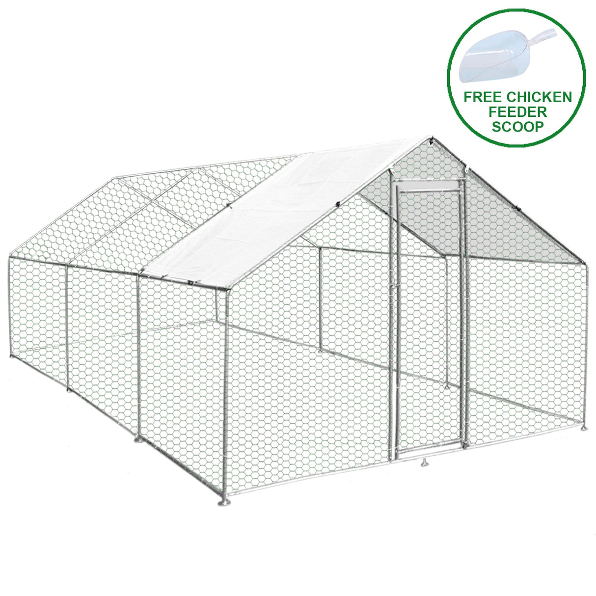 Spacious 4m x 6m x 2m chicken run with sturdy hexagonal wire mesh, a white waterproof roof, and a secure access door