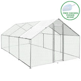 Spacious 4m x 6m x 2m chicken run with sturdy hexagonal wire mesh, a white waterproof roof, and a secure access door