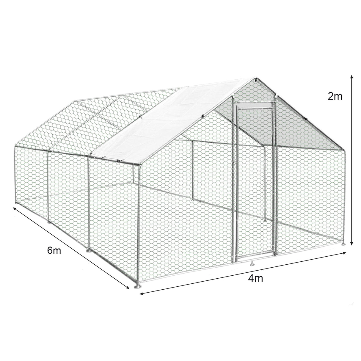 Spacious chicken run measuring 4m x 6m x 2m, featuring a sturdy hexagonal wire mesh structure and a sloped roof for ventilation