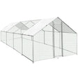 Spacious chicken run measuring 4m x 8m x 2m, featuring a sturdy metal frame, hexagonal wire mesh, and a weather-resistant cover
