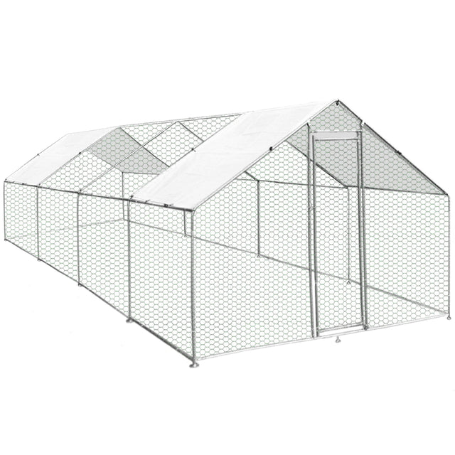 Spacious chicken run measuring 4m x 8m x 2m, featuring a sturdy metal frame, hexagonal wire mesh, and a weather-resistant cover