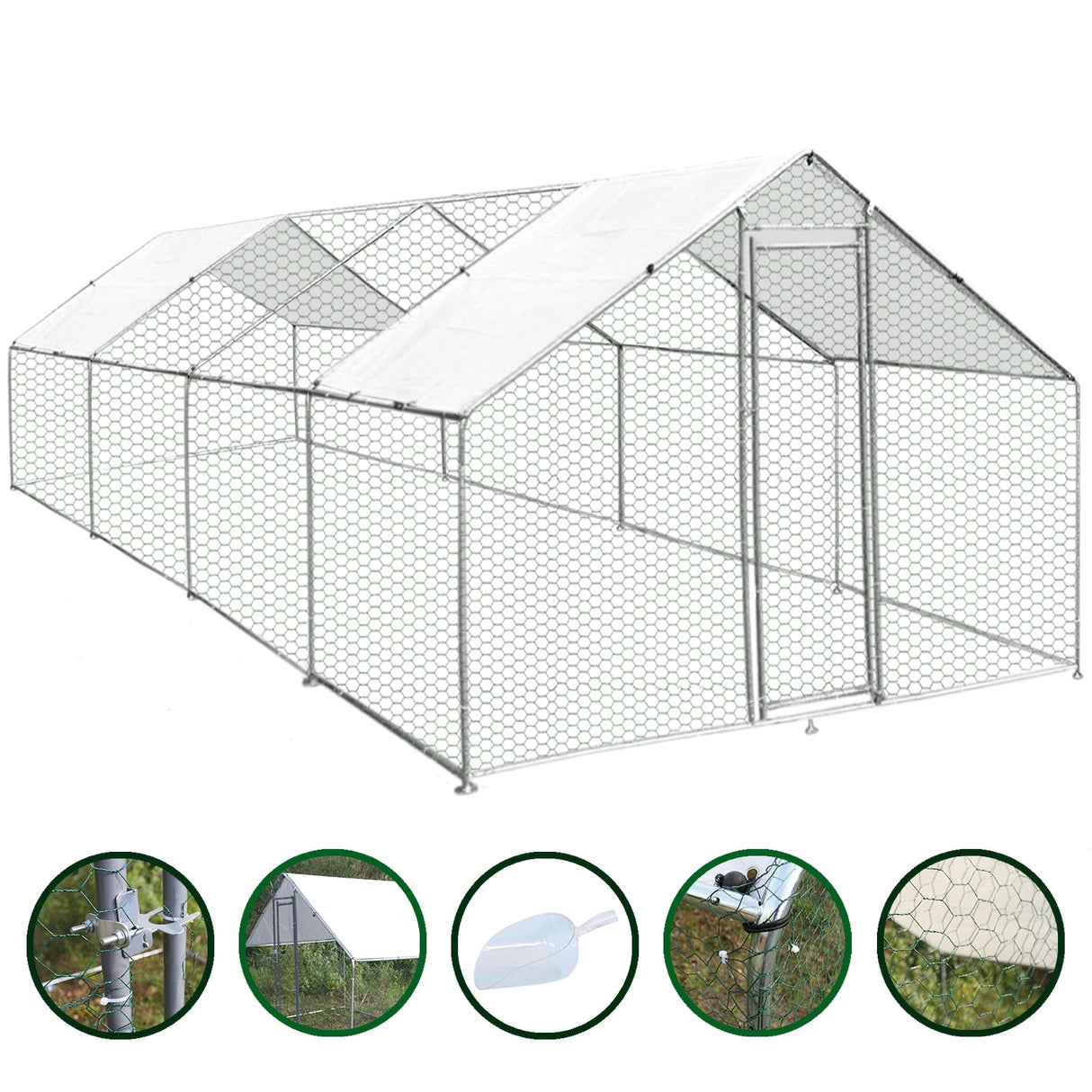 Spacious chicken run measuring 4m x 8m x 2m, featuring a sturdy metal frame, hexagonal wire mesh, and a protective white cover