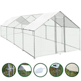 Spacious chicken run measuring 4m x 8m x 2m, featuring a sturdy metal frame, hexagonal wire mesh, and a protective white cover