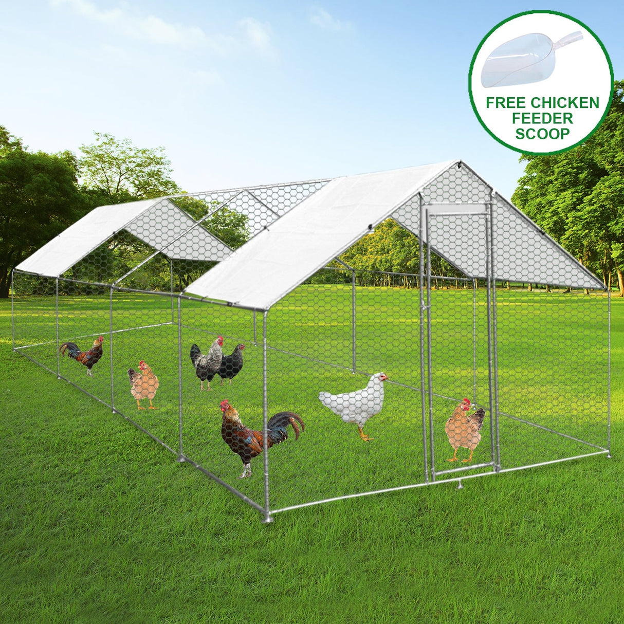 Spacious 4m x 8m chicken run with a sturdy metal frame, hexagonal wire mesh, and a white waterproof roof, ideal for outdoor use