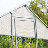 Metal chicken run with a sturdy frame, covered by a gray tarp, featuring hexagonal wire mesh and a sloped roof design