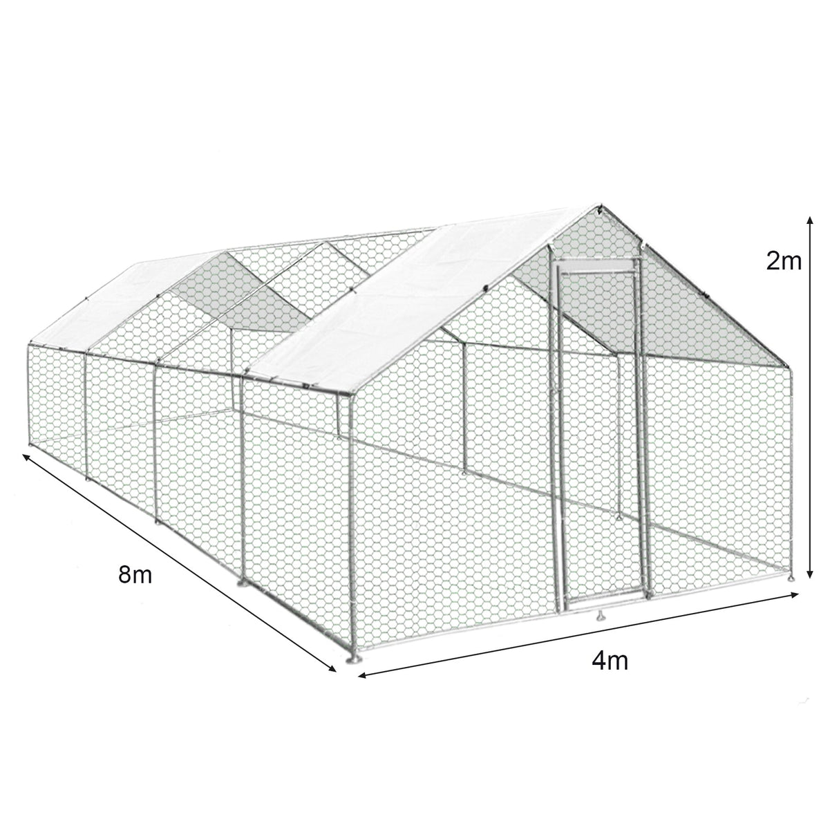 Large chicken run measuring 4m x 8m x 2m, featuring a sturdy metal frame with hexagonal wire mesh and a white waterproof cover