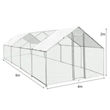 Large chicken run measuring 4m x 8m x 2m, featuring a sturdy metal frame with hexagonal wire mesh and a white waterproof cover